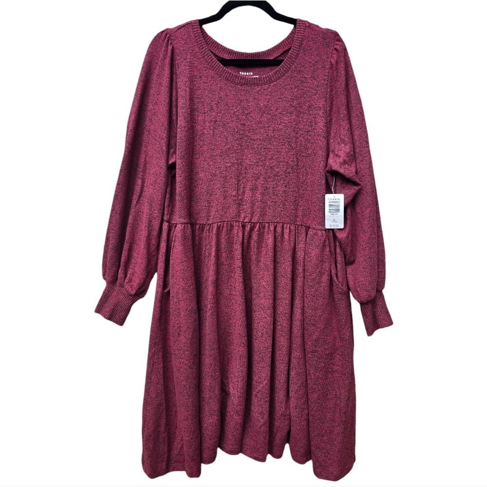 Torrid NWT Babydoll‎ Dress - Super Soft Plush Burgundy Long Sleeve Plus Size 2X - Picture 3 of 9